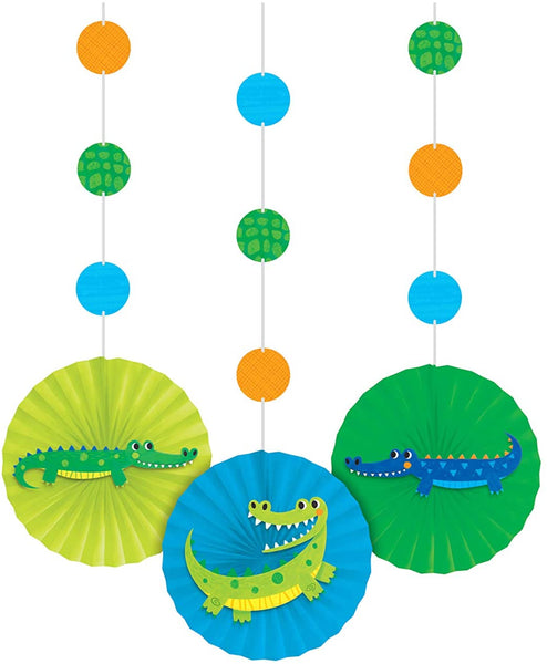 Alligator Party Hanging Décor w/ Cutouts & Paper Fans 36in x 8in 3pcs