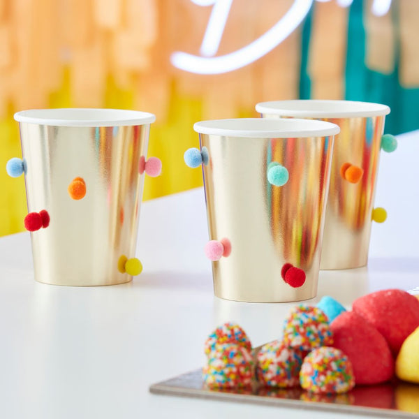 Gold Paper Party Cups Bright Pom Poms 9oz 9x7cm