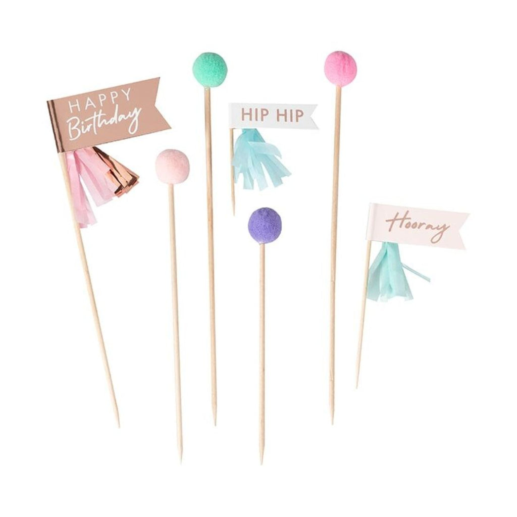 Happy Birthday Pom Poms And Flags Cake Topper Pastel - Rose Gold