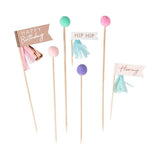 Happy Birthday Pom Poms And Flags Cake Topper Pastel - Rose Gold