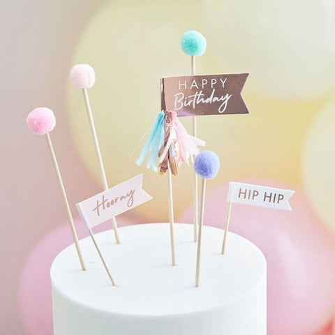 Happy Birthday Pom Poms And Flags Cake Topper Pastel - Rose Gold
