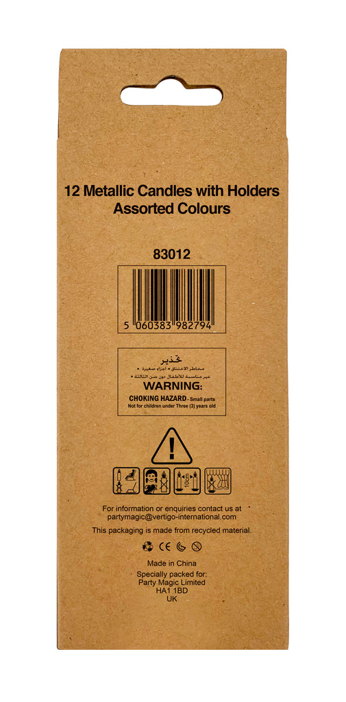 12 Metallic Candles with Holders Assorted Colours