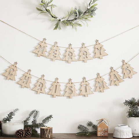 Wooden Tree Merry Christmas Bunting Decoration