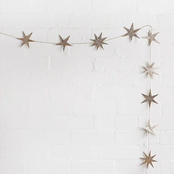 Gold Wooden Glitter Star Garland 2m