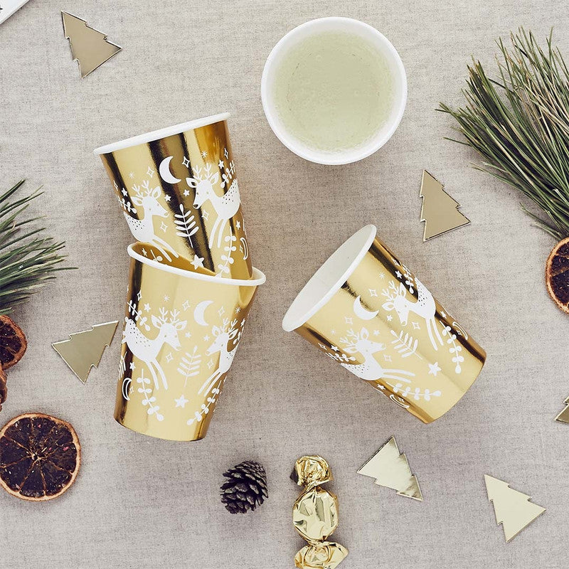 Reindeer Gold Foil Paper Cups 8pcs