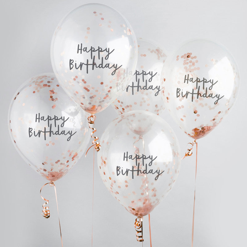 Rose Gold 'Happy Birthday' Confett Filled 12" Latex Balloons 5Ct