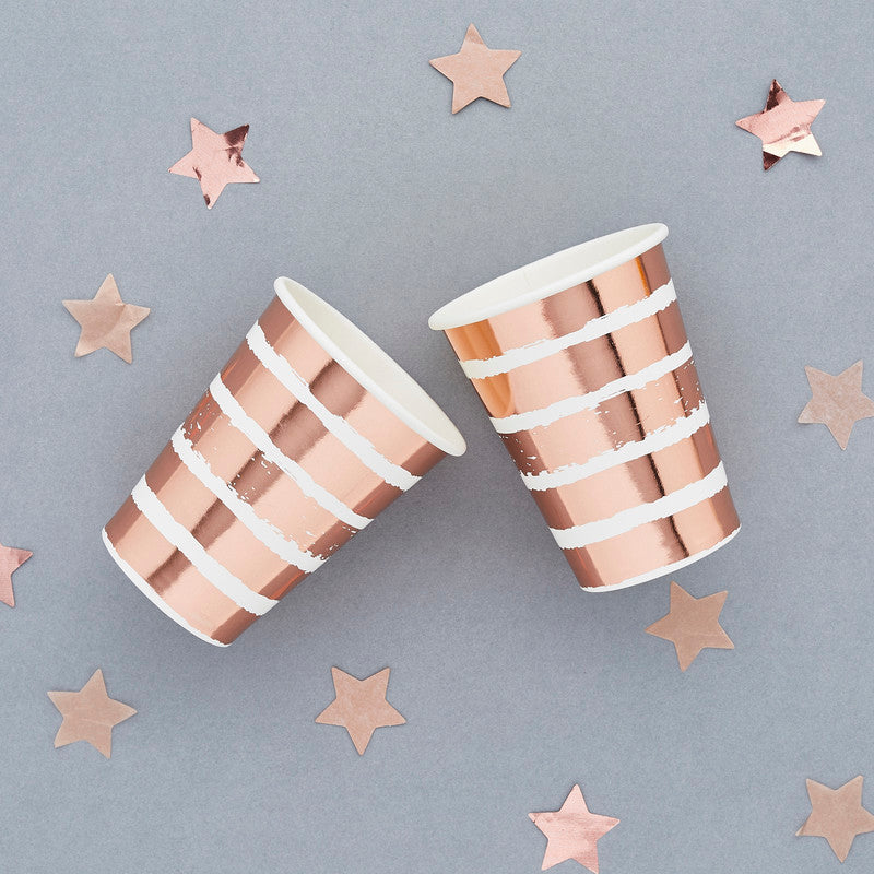 Rose Gold Striped Paper Cups 8Oz. 10/Pack