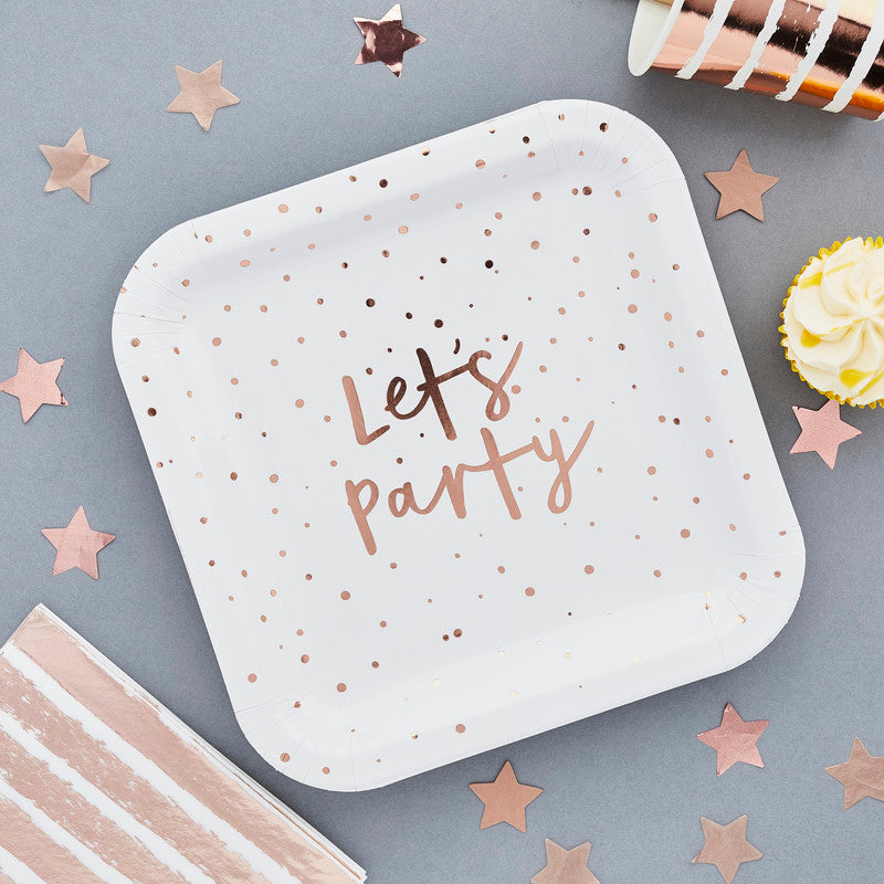 Rose Gold 'Lets Party' Paper Plates 9in 8/Pack