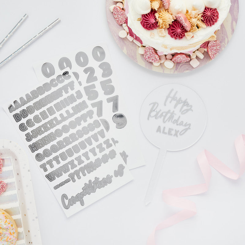 Acrylic Cake Topper & x2 Silver Sticker Sheets