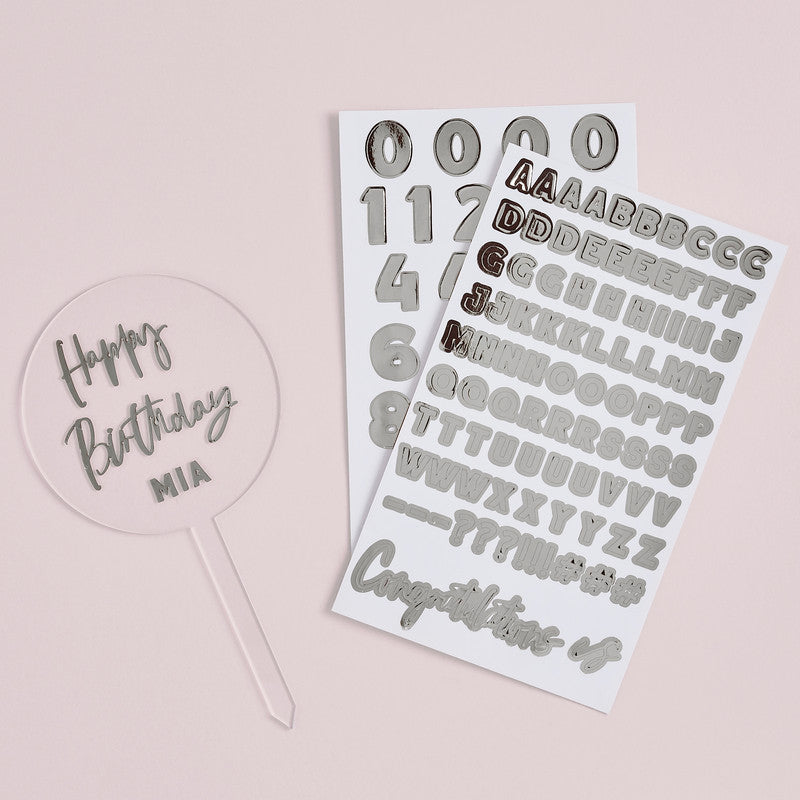 Acrylic Cake Topper & x2 Silver Sticker Sheets