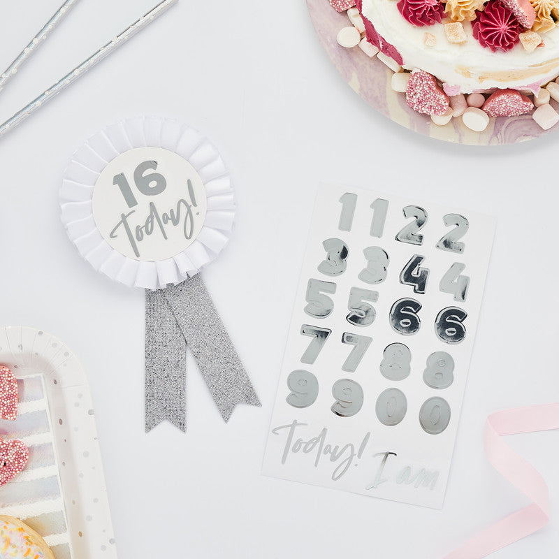 Silver Milestone Birthday Badge Personalised with 1 Sticker Sheet