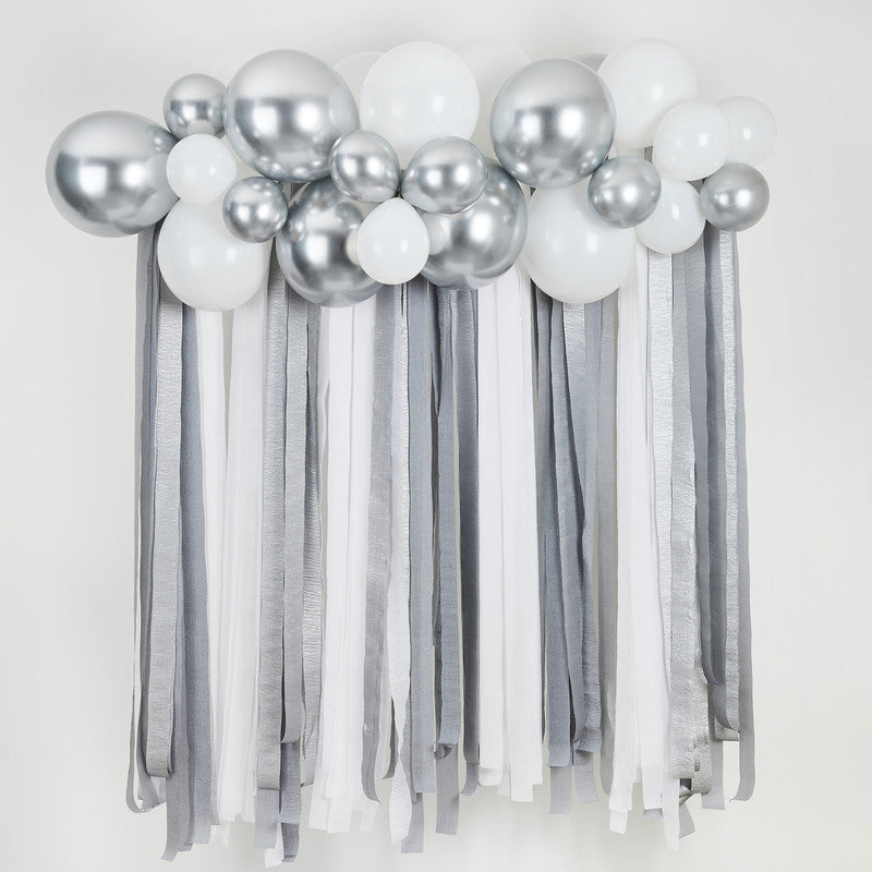 Silver Metallic Balloon & Streamer Backdrop Set