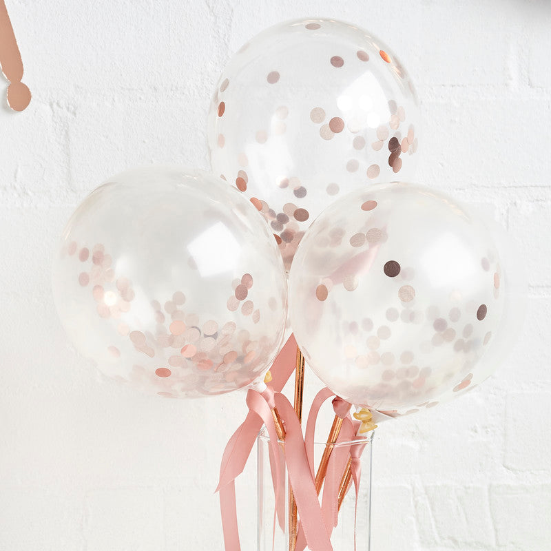 Rose Gold Mini Confett Filled 5" Latex Balloons Wands 5Ct