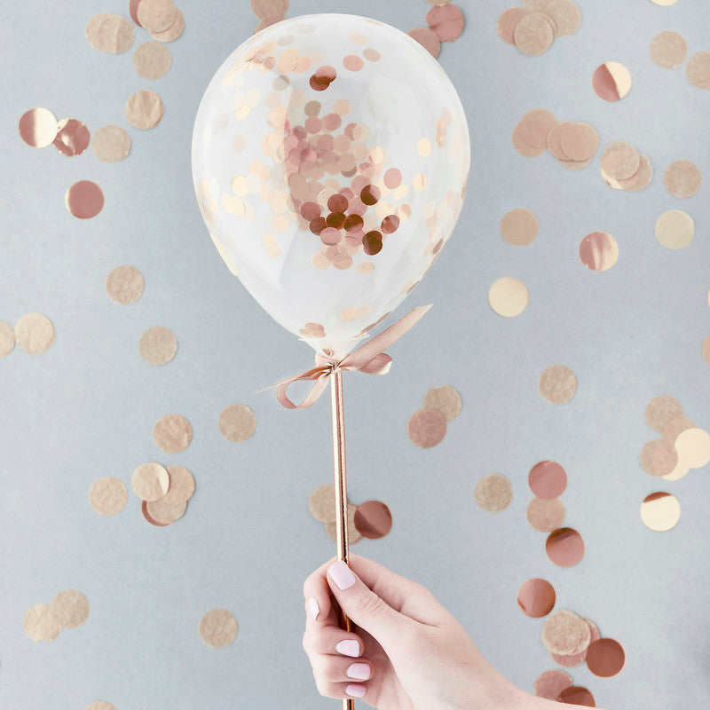 Rose Gold Mini Confett Filled 5" Latex Balloons Wands 5Ct