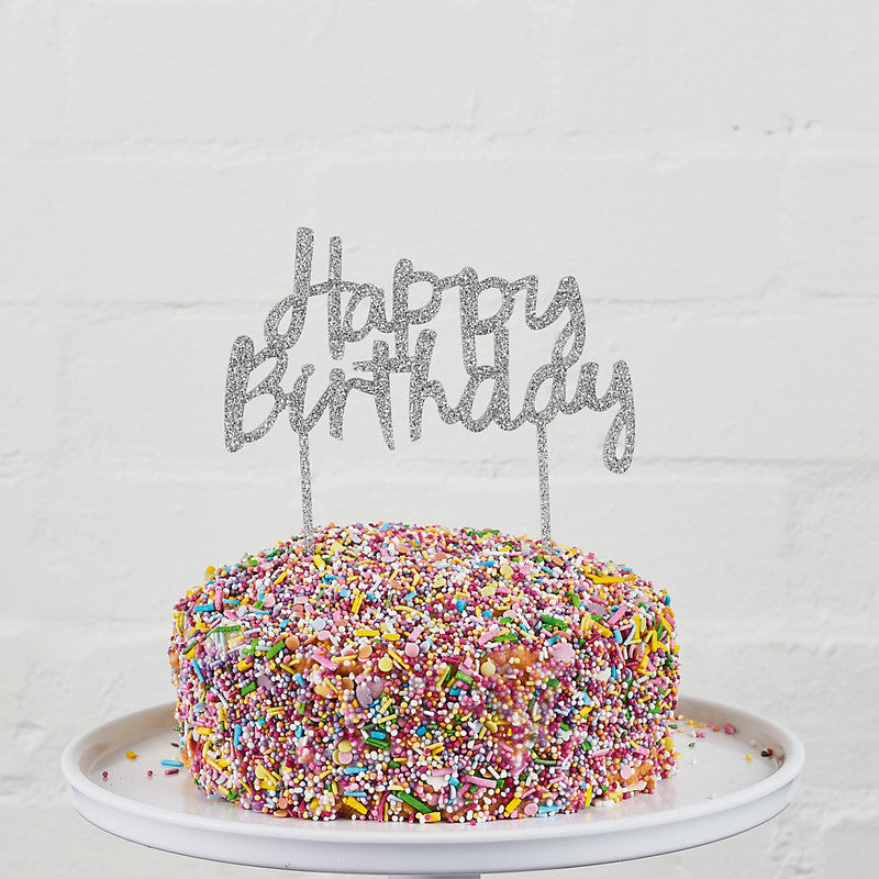 Silver Glitter 'Happy Birthday' Acrylic Cake Topper